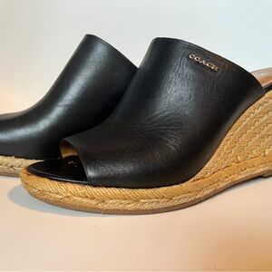 Coach “Gayle” black leather peep-toe espadrille wedge sandal